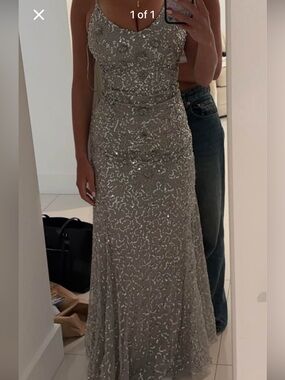 Bloomingdale’s silver prom or guest dress